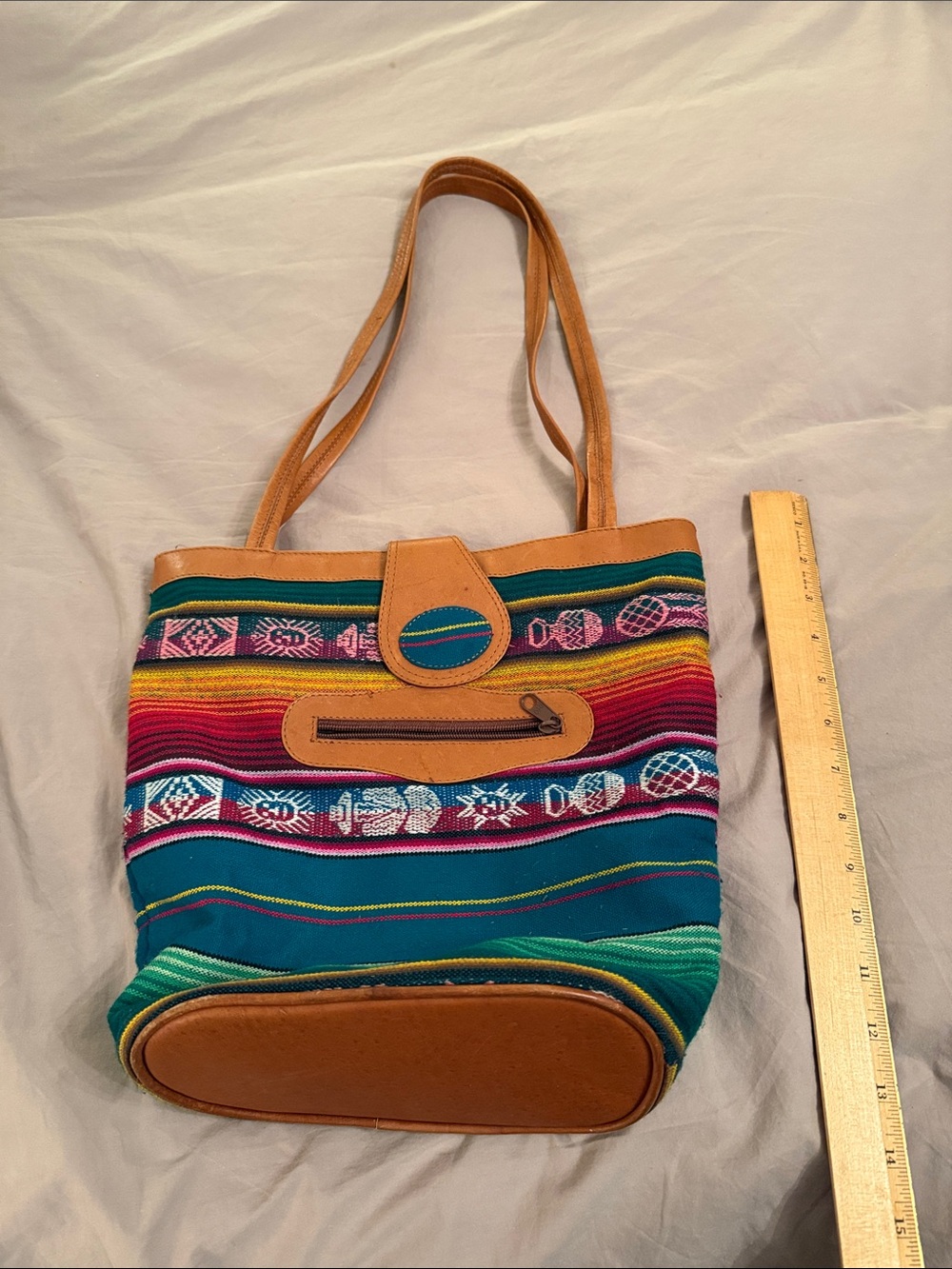 Boho Stripe Canvas Tote Bag with Tan Trim